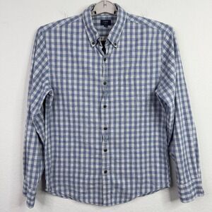 J. Crew Shirt Mens L Blue White Homespun Gingham Plaid Button Preppy Casual‎